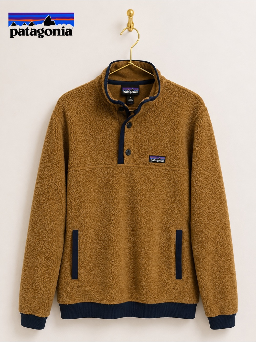 Patagonia Reclaimed Fleece Pullover Tan Navy Snap Front Size Medium